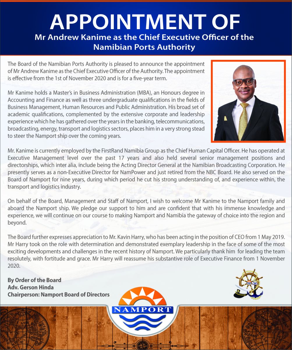 Appointment of Mr. Andrew Kanime as the Chief Executive Officer of the Namibian Ports Authority 